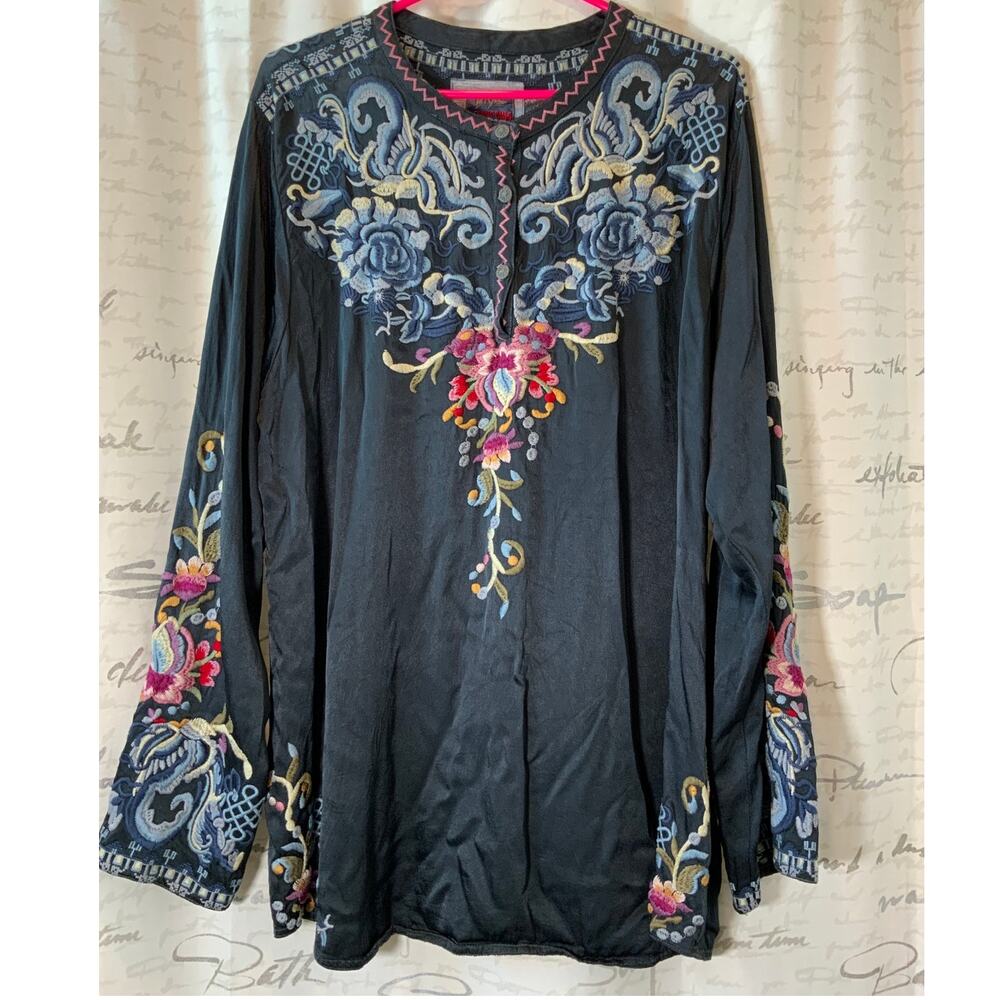 Johnny Was Biya Black Embroidered Floral Boho Tunic Top XL